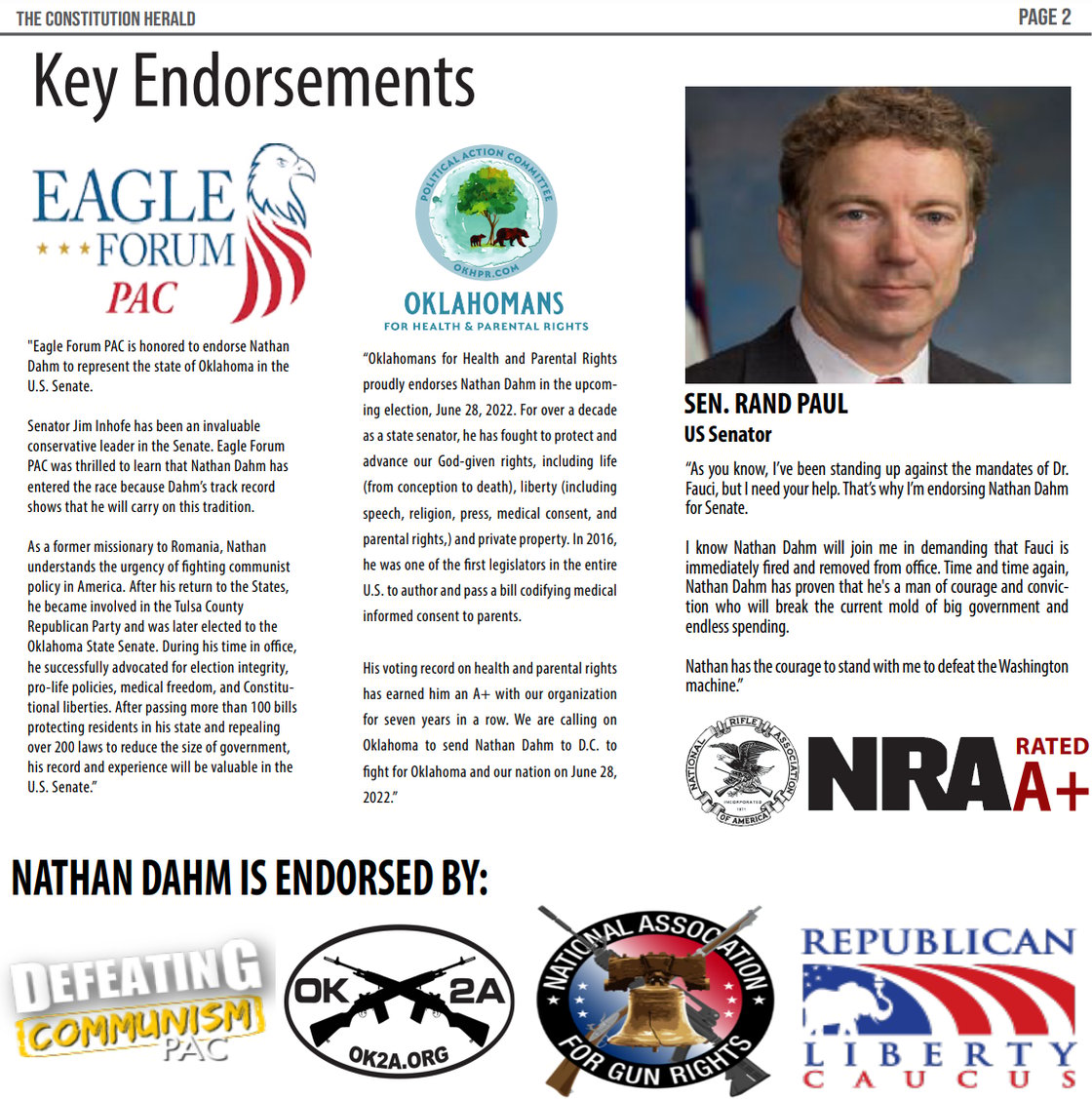 Nathan Dahm receives major endorsements both locally and nationally. 